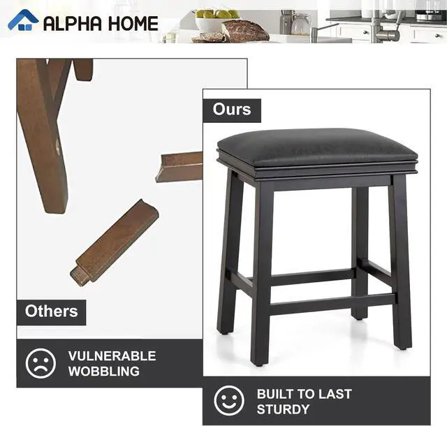 Alt view image 5 of 7 - ALPHA HOME 24" Bar Stools Set of 2, Solid Wood Kitchen Stools with PU Leather Cushion Counter Height Bar Stools for Indoor, Black Seat and Black Wooden Legs, 2PCS