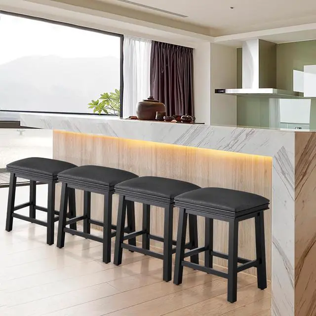 Alt view image 6 of 7 - ALPHA HOME 24" Bar Stools Set of 2, Solid Wood Kitchen Stools with PU Leather Cushion Counter Height Bar Stools for Indoor, Black Seat and Black Wooden Legs, 2PCS