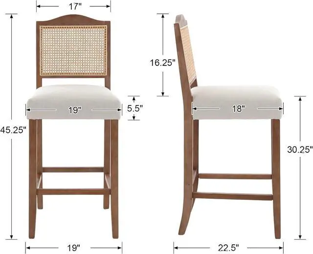 Alt view image 2 of 7 - CIMOTA 30 Inch Counter Height Stools Set of 2 Rattan Farmhouse Barstools Mid Century Modern Bar Chairs Upholstered Kitchen Bar Stools with Wood Legs for Island/Dining Room, Linen Beige