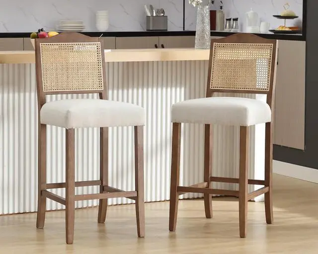 Main image of CIMOTA 30 Inch Counter Height Stools Set of 2 Rattan Farmhouse Barstools Mid Century Modern Bar Chairs Upholstered Kitchen Bar Stools with Wood Legs for Island/Dining Room, Linen Beige