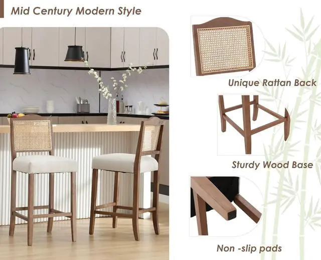 Alt view image 3 of 7 - CIMOTA 30 Inch Counter Height Stools Set of 2 Rattan Farmhouse Barstools Mid Century Modern Bar Chairs Upholstered Kitchen Bar Stools with Wood Legs for Island/Dining Room, Linen Beige
