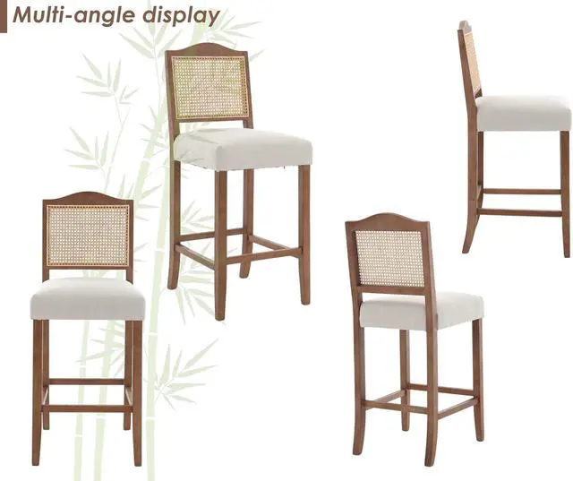 Alt view image 6 of 7 - CIMOTA 30 Inch Counter Height Stools Set of 2 Rattan Farmhouse Barstools Mid Century Modern Bar Chairs Upholstered Kitchen Bar Stools with Wood Legs for Island/Dining Room, Linen Beige
