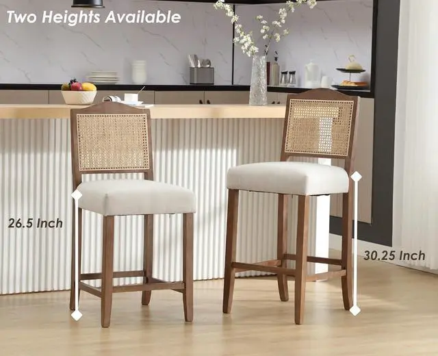 Alt view image 5 of 7 - CIMOTA 30 Inch Counter Height Stools Set of 2 Rattan Farmhouse Barstools Mid Century Modern Bar Chairs Upholstered Kitchen Bar Stools with Wood Legs for Island/Dining Room, Linen Beige