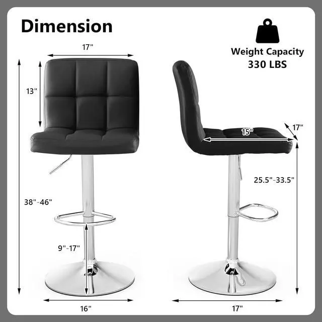 Alt view image 3 of 7 - Giantex Bar Stools Set of 1, Modern PU Leather Height Adjustable Barstools with Back, Footrest, Metal Base, Armless Counter Height Swivel Stools for Kitchen Island, Home Bar, Cafe, Pub, Black