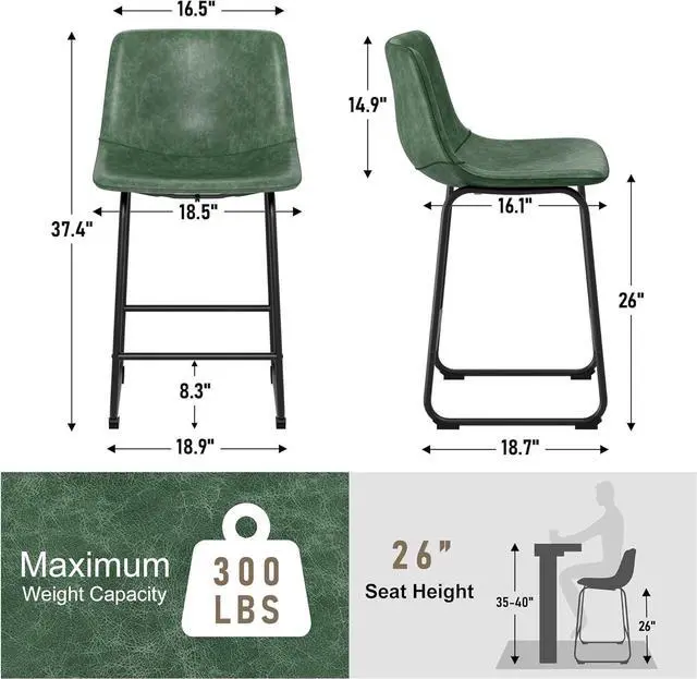 Alt view image 2 of 7 - Bar Stools Set of 4, 26inch PU Leather Counter Height Bar Stools, Modern Barstools with Metal Legs and Footrest, Urban Armless Dining Chairs with Backrest for Kitchen Island (Green)
