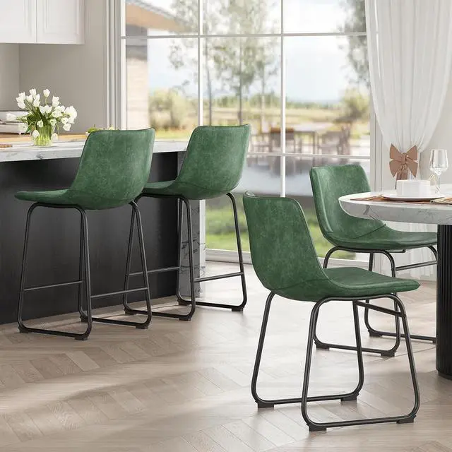 Alt view image 3 of 7 - Bar Stools Set of 4, 26inch PU Leather Counter Height Bar Stools, Modern Barstools with Metal Legs and Footrest, Urban Armless Dining Chairs with Backrest for Kitchen Island (Green)