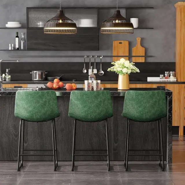 Alt view image 4 of 7 - Bar Stools Set of 4, 26inch PU Leather Counter Height Bar Stools, Modern Barstools with Metal Legs and Footrest, Urban Armless Dining Chairs with Backrest for Kitchen Island (Green)