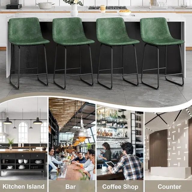 Alt view image 5 of 7 - Bar Stools Set of 4, 26inch PU Leather Counter Height Bar Stools, Modern Barstools with Metal Legs and Footrest, Urban Armless Dining Chairs with Backrest for Kitchen Island (Green)
