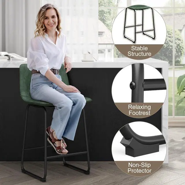Alt view image 6 of 7 - Bar Stools Set of 4, 26inch PU Leather Counter Height Bar Stools, Modern Barstools with Metal Legs and Footrest, Urban Armless Dining Chairs with Backrest for Kitchen Island (Green)