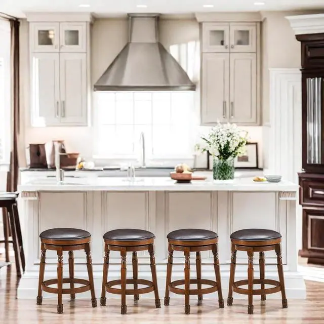Alt view image 2 of 7 - ERGOMASTER Bar Stools Set of 4 Swivel Barstools 24 Inch Counter Height Bar Stools Backless Sturdy Solid Wood Chairs with Soft Faux Leather Seat, Easy Assemble for Kitchen Pub Home Cafe (Walnut)