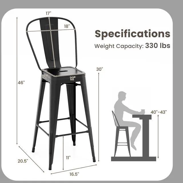 Alt view image 3 of 7 - COSTWAY 30'' Metal Bar stools Set of 4, with Removable Back,Bar Height Stools with Rubber Feet, Stylish and Modern Chairs, for Kitchen, Dining Rooms, and Side Bar (Black-Update, 30'')