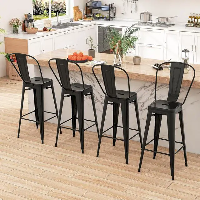 Alt view image 4 of 7 - COSTWAY 30'' Metal Bar stools Set of 4, with Removable Back,Bar Height Stools with Rubber Feet, Stylish and Modern Chairs, for Kitchen, Dining Rooms, and Side Bar (Black-Update, 30'')