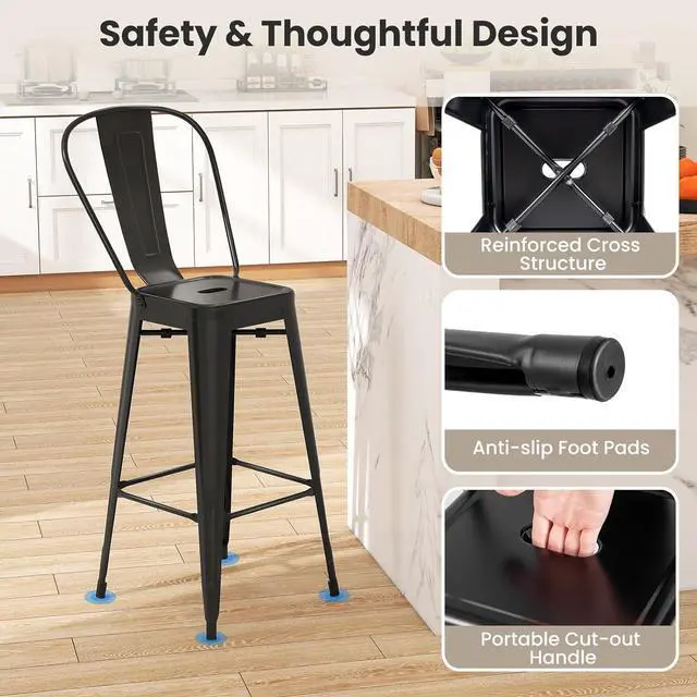 Alt view image 6 of 7 - COSTWAY 30'' Metal Bar stools Set of 4, with Removable Back,Bar Height Stools with Rubber Feet, Stylish and Modern Chairs, for Kitchen, Dining Rooms, and Side Bar (Black-Update, 30'')