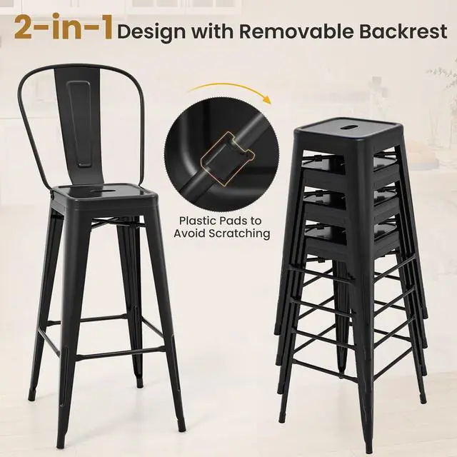 Alt view image 7 of 7 - COSTWAY 30'' Metal Bar stools Set of 4, with Removable Back,Bar Height Stools with Rubber Feet, Stylish and Modern Chairs, for Kitchen, Dining Rooms, and Side Bar (Black-Update, 30'')