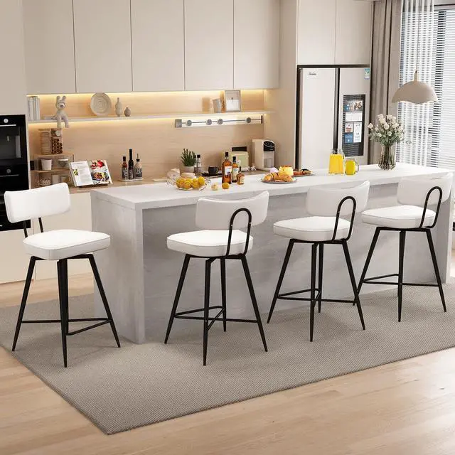 Main image of Counter Height Bar Stools Set of 4, Swivel Bar Stools with Back, 26 inch White Leather Kitchen Counter Stools with Metal Legs and Footrest, Bar Chairs for Kitchen Island