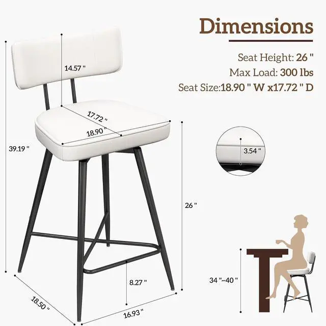 Alt view image 2 of 7 - Counter Height Bar Stools Set of 4, Swivel Bar Stools with Back, 26 inch White Leather Kitchen Counter Stools with Metal Legs and Footrest, Bar Chairs for Kitchen Island