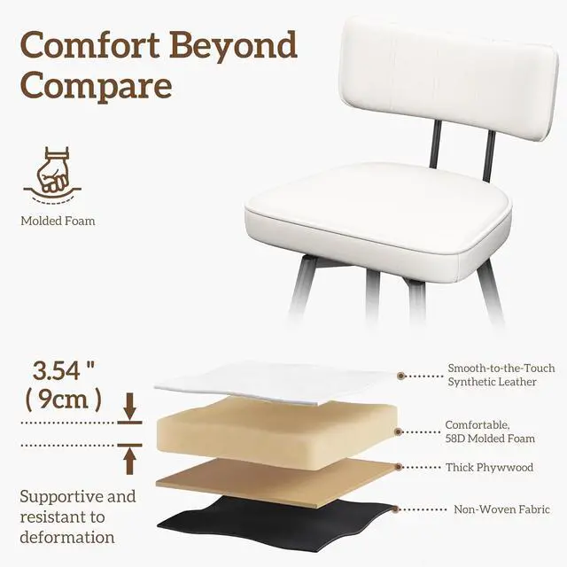 Alt view image 4 of 7 - Counter Height Bar Stools Set of 4, Swivel Bar Stools with Back, 26 inch White Leather Kitchen Counter Stools with Metal Legs and Footrest, Bar Chairs for Kitchen Island