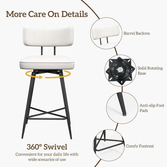 Alt view image 5 of 7 - Counter Height Bar Stools Set of 4, Swivel Bar Stools with Back, 26 inch White Leather Kitchen Counter Stools with Metal Legs and Footrest, Bar Chairs for Kitchen Island