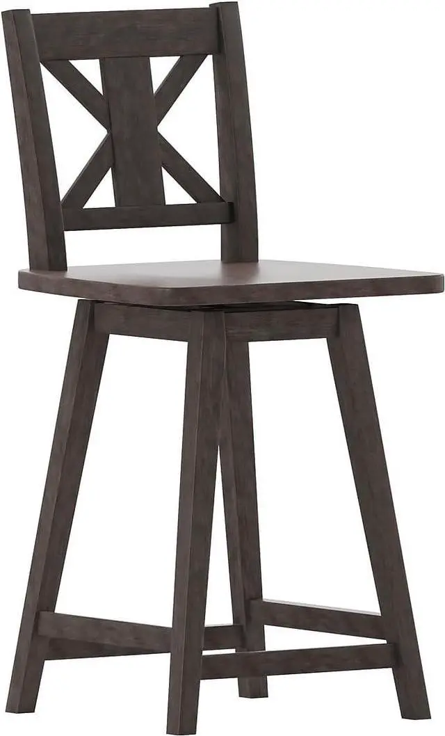 Main image of Flash Furniture Gwendolyn Commercial Grade Modern Farmhouse Barstool - Gray Wash Walnut Solid Wood Frame - Counter Height - 360° Swivel Seat - Integrated Footrest