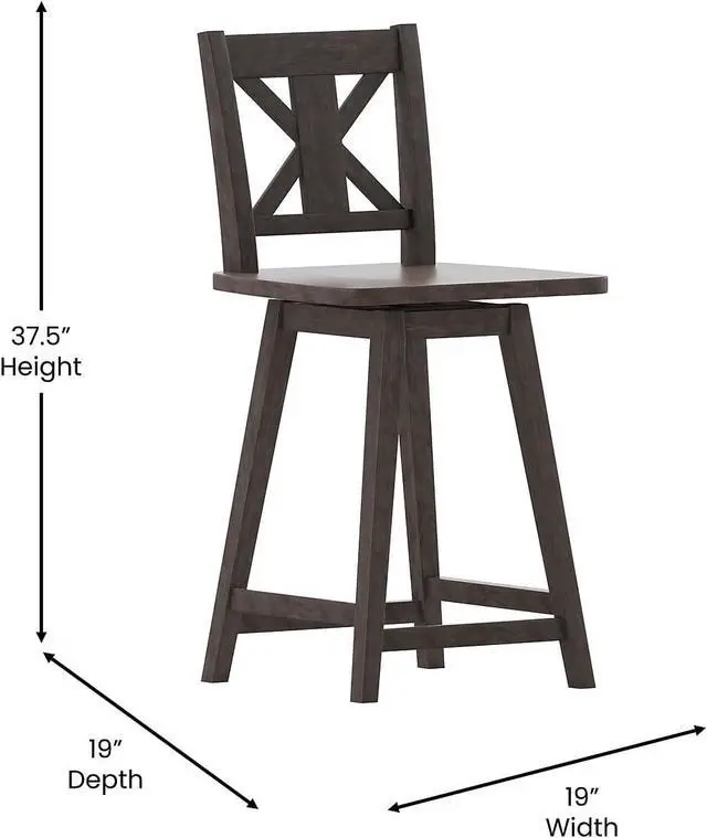 Alt view image 3 of 7 - Flash Furniture Gwendolyn Commercial Grade Modern Farmhouse Barstool - Gray Wash Walnut Solid Wood Frame - Counter Height - 360° Swivel Seat - Integrated Footrest