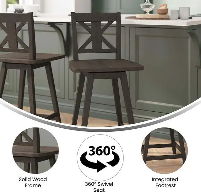 Alt view image 4 of 7 - Flash Furniture Gwendolyn Commercial Grade Modern Farmhouse Barstool - Gray Wash Walnut Solid Wood Frame - Counter Height - 360° Swivel Seat - Integrated Footrest