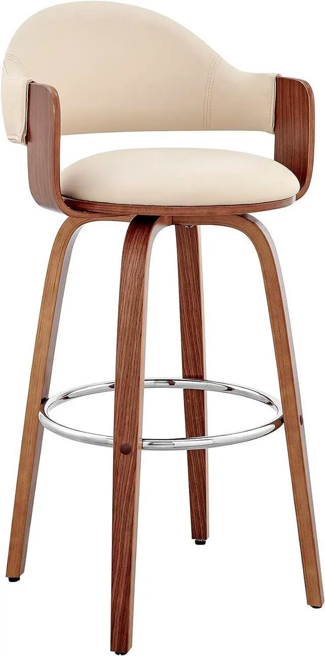 Main image of Armen Living Daxton Mid Century Modern Swivel Bar Stool for Kitchen Island Counter in Cream Faux Leather and Walnut Wood, 26" Seat Height