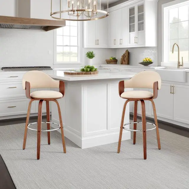 Alt view image 2 of 7 - Armen Living Daxton Mid Century Modern Swivel Bar Stool for Kitchen Island Counter in Cream Faux Leather and Walnut Wood, 26" Seat Height