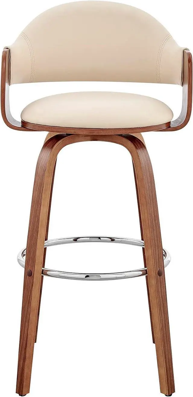 Alt view image 4 of 7 - Armen Living Daxton Mid Century Modern Swivel Bar Stool for Kitchen Island Counter in Cream Faux Leather and Walnut Wood, 26" Seat Height