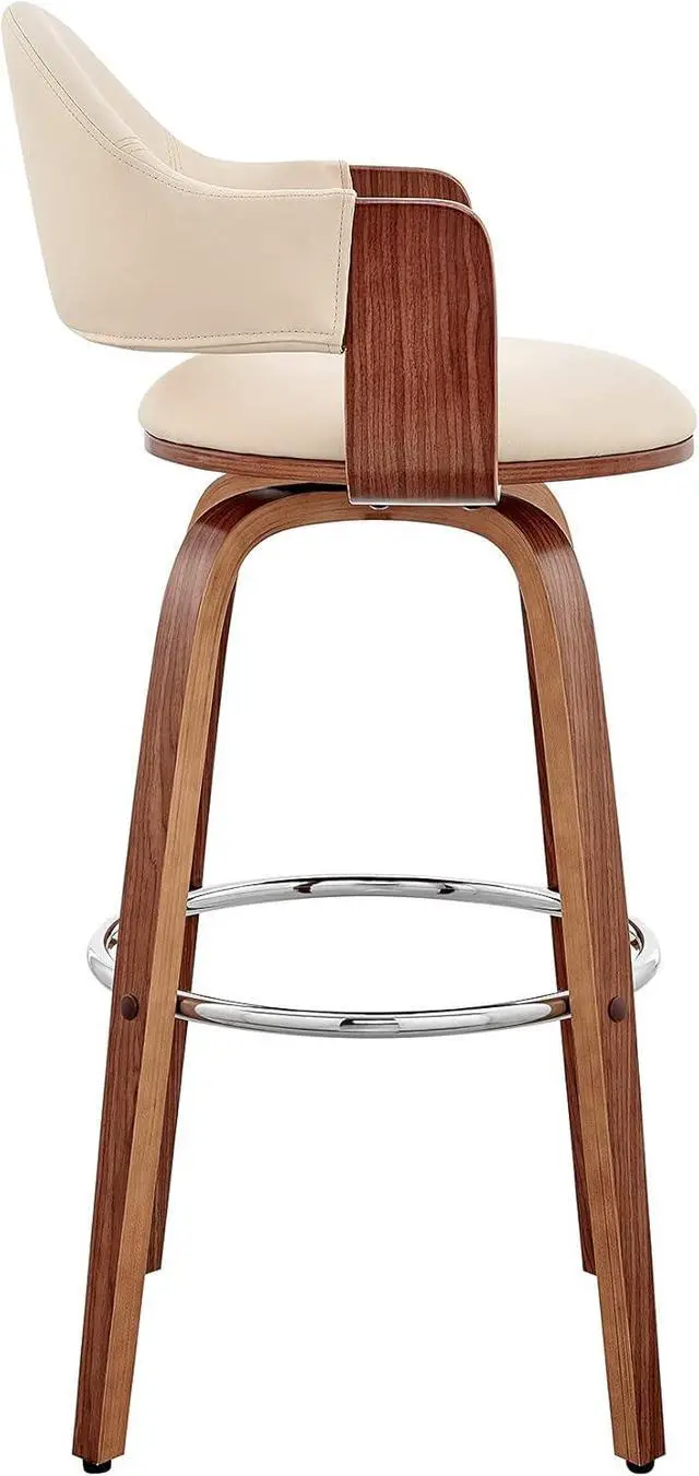 Alt view image 5 of 7 - Armen Living Daxton Mid Century Modern Swivel Bar Stool for Kitchen Island Counter in Cream Faux Leather and Walnut Wood, 26" Seat Height