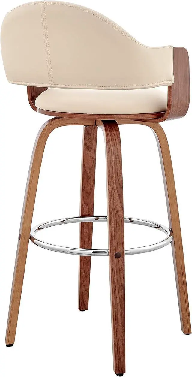 Alt view image 6 of 7 - Armen Living Daxton Mid Century Modern Swivel Bar Stool for Kitchen Island Counter in Cream Faux Leather and Walnut Wood, 26" Seat Height