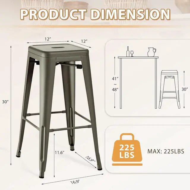 Alt view image 3 of 7 - Furmax 30 Inches Metal Bar Stools Bar Height High Backless Stools Indoor Outdoor Stackable Kitchen Stools Set of 4 (Gun)