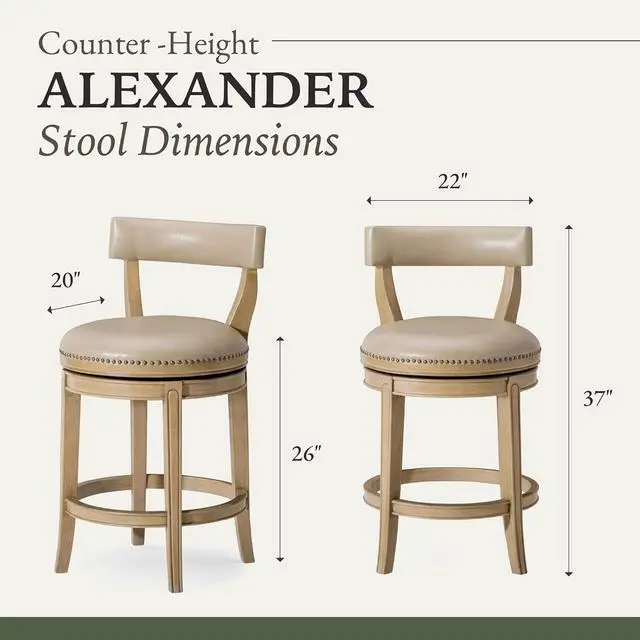 Alt view image 3 of 6 - Maven Lane Alexander 26 Inch Tall Counter Height Rotating Low Back Barstool in Weathered Oak Finish with Avanti Bone Vegan Leather Seat