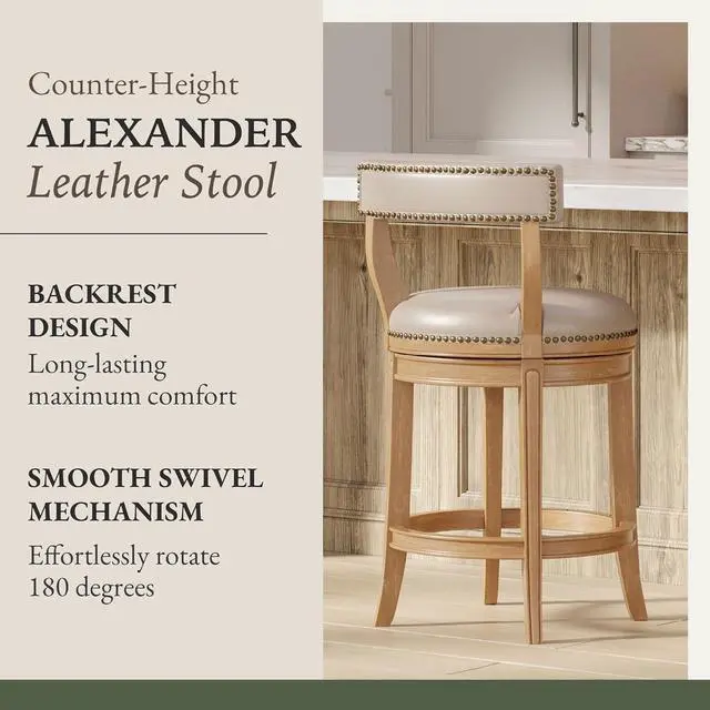 Alt view image 4 of 6 - Maven Lane Alexander 26 Inch Tall Counter Height Rotating Low Back Barstool in Weathered Oak Finish with Avanti Bone Vegan Leather Seat