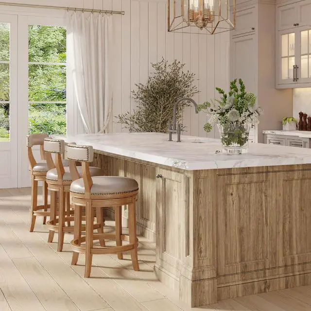 Alt view image 6 of 6 - Maven Lane Alexander 26 Inch Tall Counter Height Rotating Low Back Barstool in Weathered Oak Finish with Avanti Bone Vegan Leather Seat
