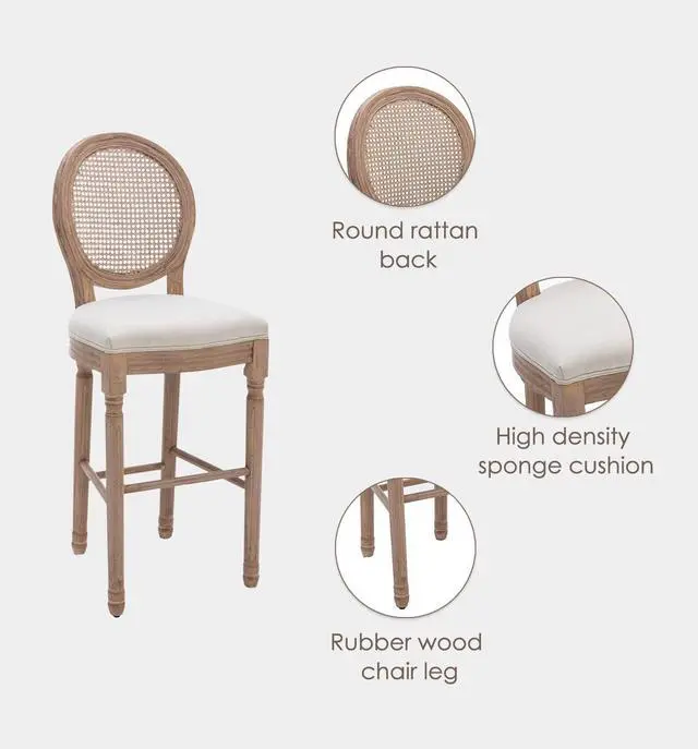 Alt view image 2 of 7 - Nrizc Farmhouse Bar Stools Set of 4, French Country BarStools with Solid Wood Frame and Upholstered, Rattan Back Kitchen Bar Stool for Dining Room, Kitchen