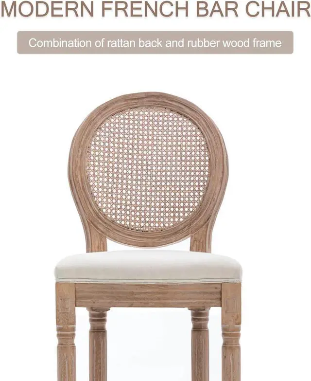 Alt view image 3 of 7 - Nrizc Farmhouse Bar Stools Set of 4, French Country BarStools with Solid Wood Frame and Upholstered, Rattan Back Kitchen Bar Stool for Dining Room, Kitchen