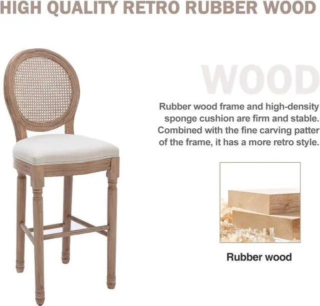 Alt view image 5 of 7 - Nrizc Farmhouse Bar Stools Set of 4, French Country BarStools with Solid Wood Frame and Upholstered, Rattan Back Kitchen Bar Stool for Dining Room, Kitchen
