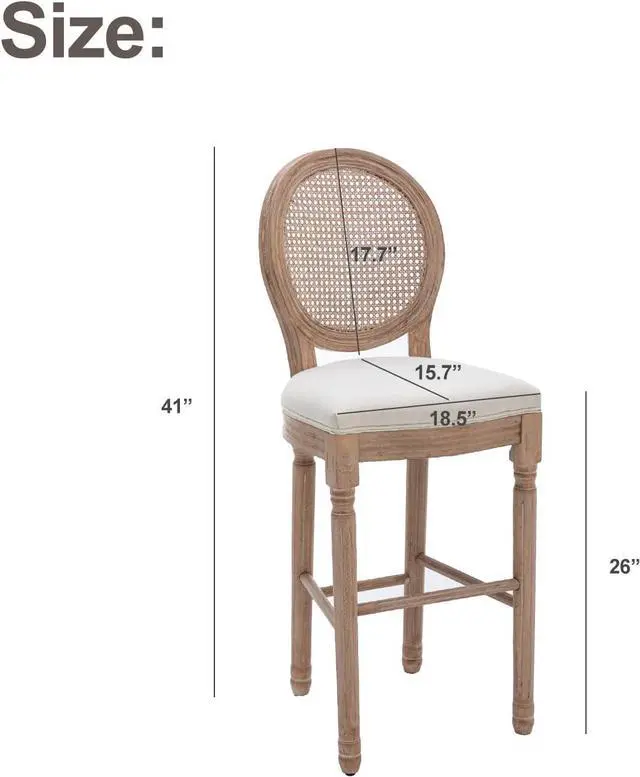 Alt view image 6 of 7 - Nrizc Farmhouse Bar Stools Set of 4, French Country BarStools with Solid Wood Frame and Upholstered, Rattan Back Kitchen Bar Stool for Dining Room, Kitchen