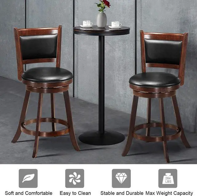 Alt view image 4 of 7 - COSTWAY Bar Stools Set of 2, 360 Degree Swivel, Accent Wooden Swivel Seat Counter Height Bar Stool, Leather Upholstered Design, PVC Cushioned Seat, Perfect for Dining and Living Room (Height 24")