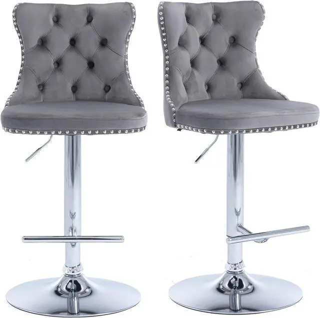Main image of Swivel Counter Height Bar Stools Set of 2, Gray Kitchen Island Barstools, Velvet Adjustable Bar Height Stool Chairs, Tufted Back, Silver Chrome Metal Base (Grey, Velvet, 2 Pcs)