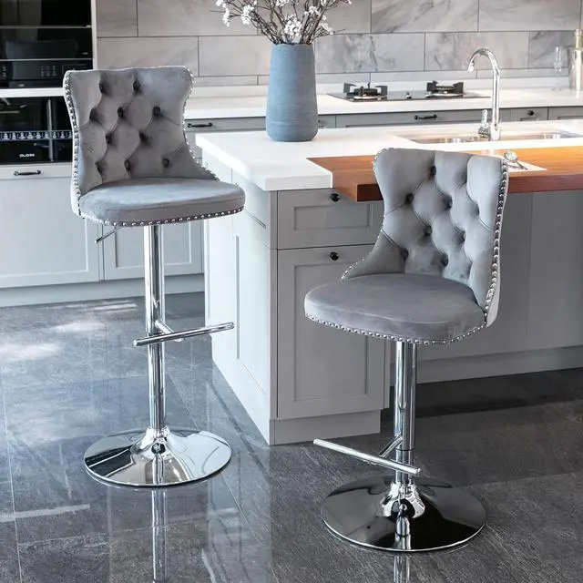 Alt view image 2 of 6 - Swivel Counter Height Bar Stools Set of 2, Gray Kitchen Island Barstools, Velvet Adjustable Bar Height Stool Chairs, Tufted Back, Silver Chrome Metal Base (Grey, Velvet, 2 Pcs)