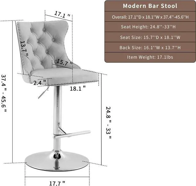 Alt view image 3 of 6 - Swivel Counter Height Bar Stools Set of 2, Gray Kitchen Island Barstools, Velvet Adjustable Bar Height Stool Chairs, Tufted Back, Silver Chrome Metal Base (Grey, Velvet, 2 Pcs)