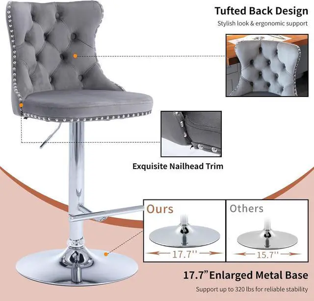 Alt view image 6 of 6 - Swivel Counter Height Bar Stools Set of 2, Gray Kitchen Island Barstools, Velvet Adjustable Bar Height Stool Chairs, Tufted Back, Silver Chrome Metal Base (Grey, Velvet, 2 Pcs)