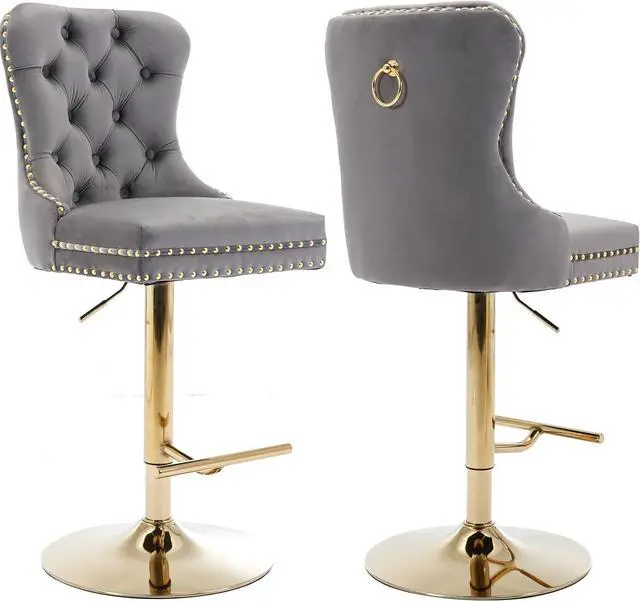 Main image of Grey Velvet Swivel Bar Stools Set of 2 with Upholstered Back, Adjustable Counter Height Barstools, Bar Chairs for Home Bar Kitchen Island Pub Restaurant (Velvet, 2 Pcs, Gray)