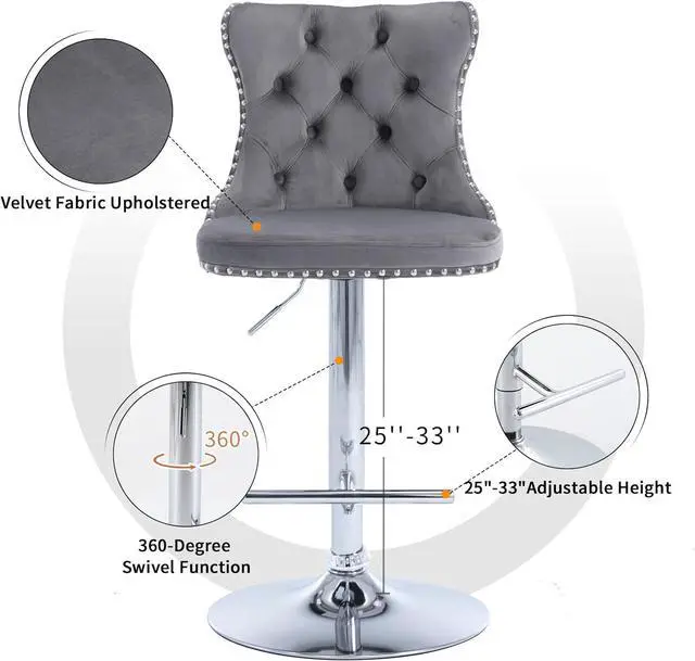 Alt view image 5 of 6 - Swivel Counter Height Bar Stools Set of 2, Gray Kitchen Island Barstools, Velvet Adjustable Bar Height Stool Chairs, Tufted Back, Silver Chrome Metal Base (Grey, Velvet, 2 Pcs)