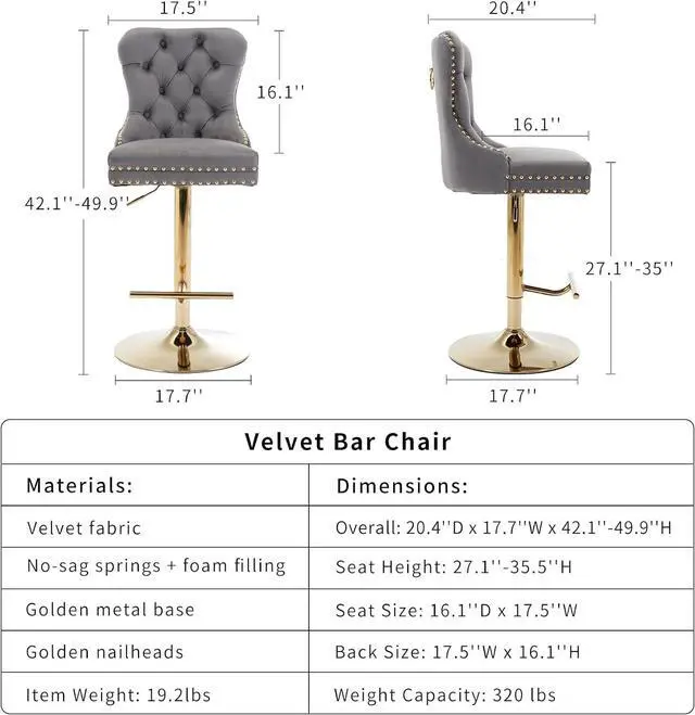 Alt view image 2 of 6 - Grey Velvet Swivel Bar Stools Set of 2 with Upholstered Back, Adjustable Counter Height Barstools, Bar Chairs for Home Bar Kitchen Island Pub Restaurant (Velvet, 2 Pcs, Gray)