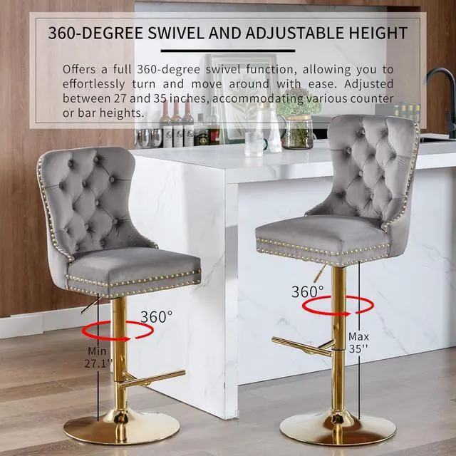 Alt view image 3 of 6 - Grey Velvet Swivel Bar Stools Set of 2 with Upholstered Back, Adjustable Counter Height Barstools, Bar Chairs for Home Bar Kitchen Island Pub Restaurant (Velvet, 2 Pcs, Gray)
