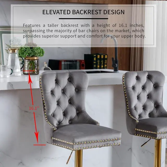 Alt view image 4 of 6 - Grey Velvet Swivel Bar Stools Set of 2 with Upholstered Back, Adjustable Counter Height Barstools, Bar Chairs for Home Bar Kitchen Island Pub Restaurant (Velvet, 2 Pcs, Gray)