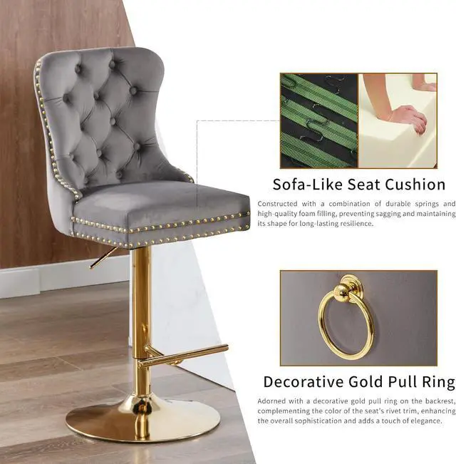 Alt view image 5 of 6 - Grey Velvet Swivel Bar Stools Set of 2 with Upholstered Back, Adjustable Counter Height Barstools, Bar Chairs for Home Bar Kitchen Island Pub Restaurant (Velvet, 2 Pcs, Gray)