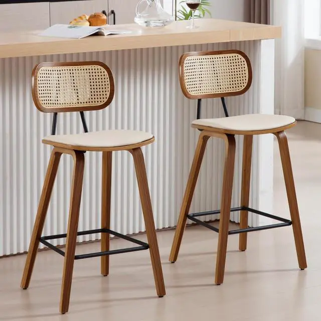 Main image of Mid-Century Bar Stools Set of 2, 26 Inch PU Leather Barstools with Open Rattan Backrest Wooden Legs Armless Bar Chairs for Kitchen Island Dining Room, Beige